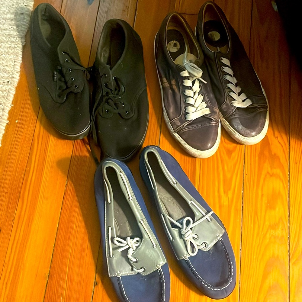 Black vans, purple leather frye and blue grey riding shoes